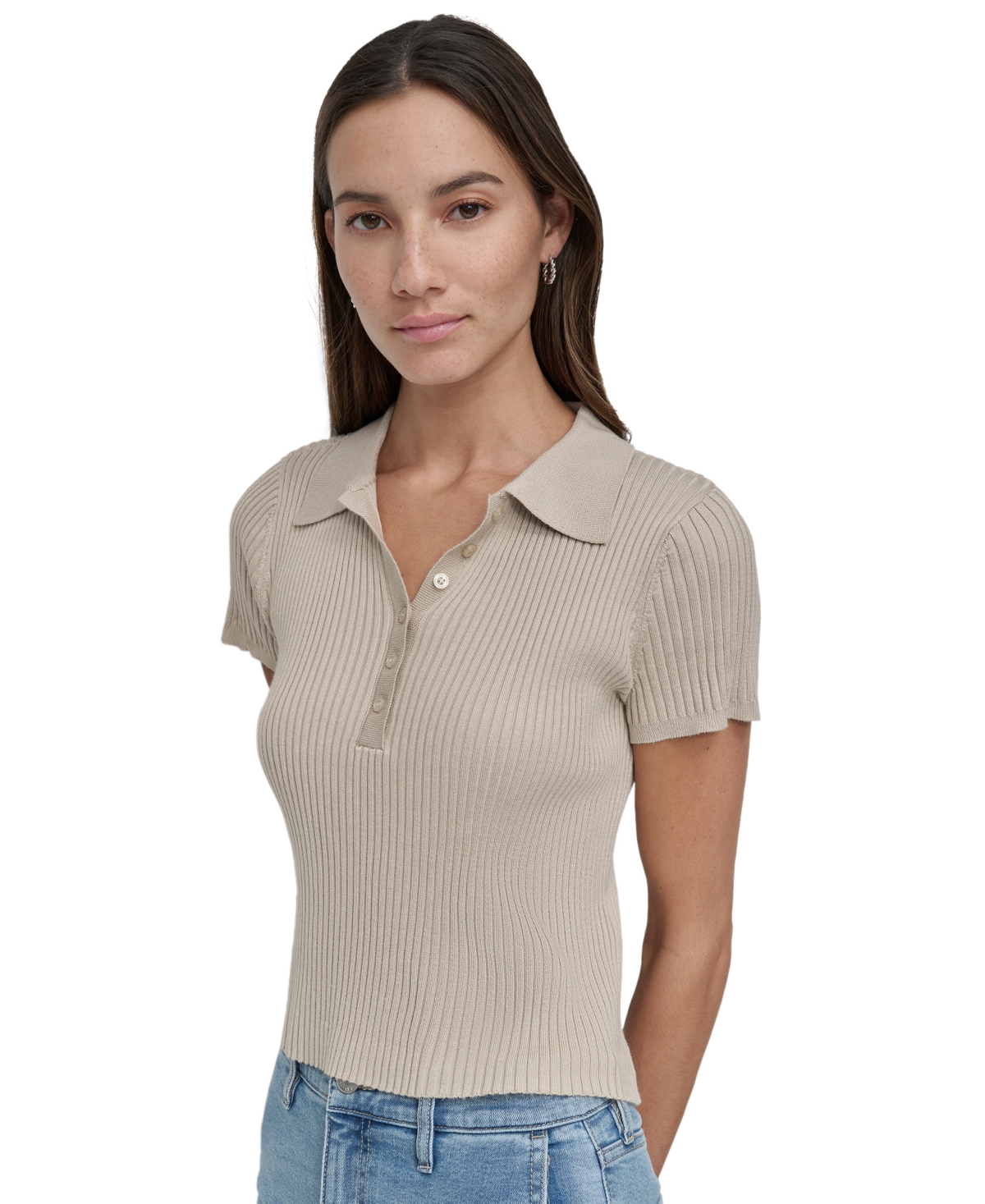 Dkny Jeans Women's Short-Sleeve Ribbed Knit Polo Shirt - PBL - PEBBLE