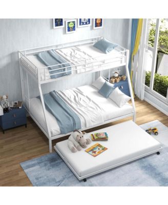 Twin Over Full Metal Slats Bunk Bed Frame with Trundle, Guard Rail & Ladders