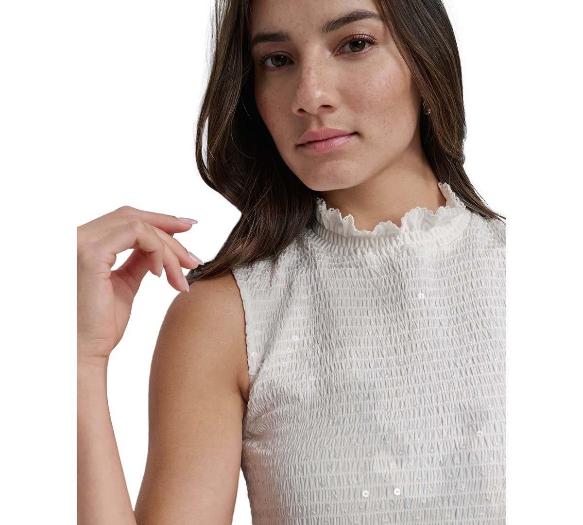 DKNY JEANS WOMEN'S SEQUIN SMOCKED SLEEVELESS TOP 