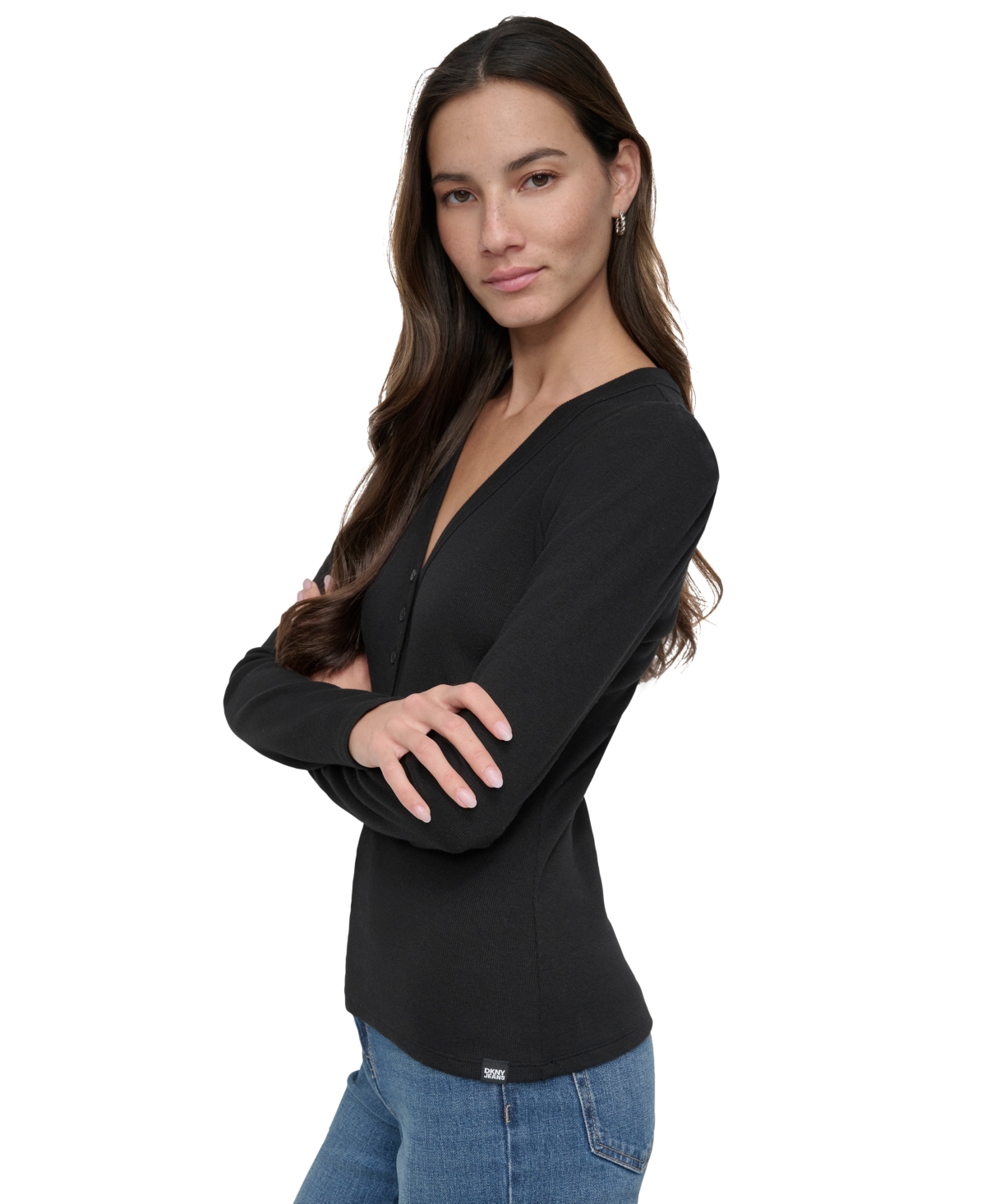 DKNY JEANS WOMEN'S GATHERED-SHOULDER V-NECK TOP 