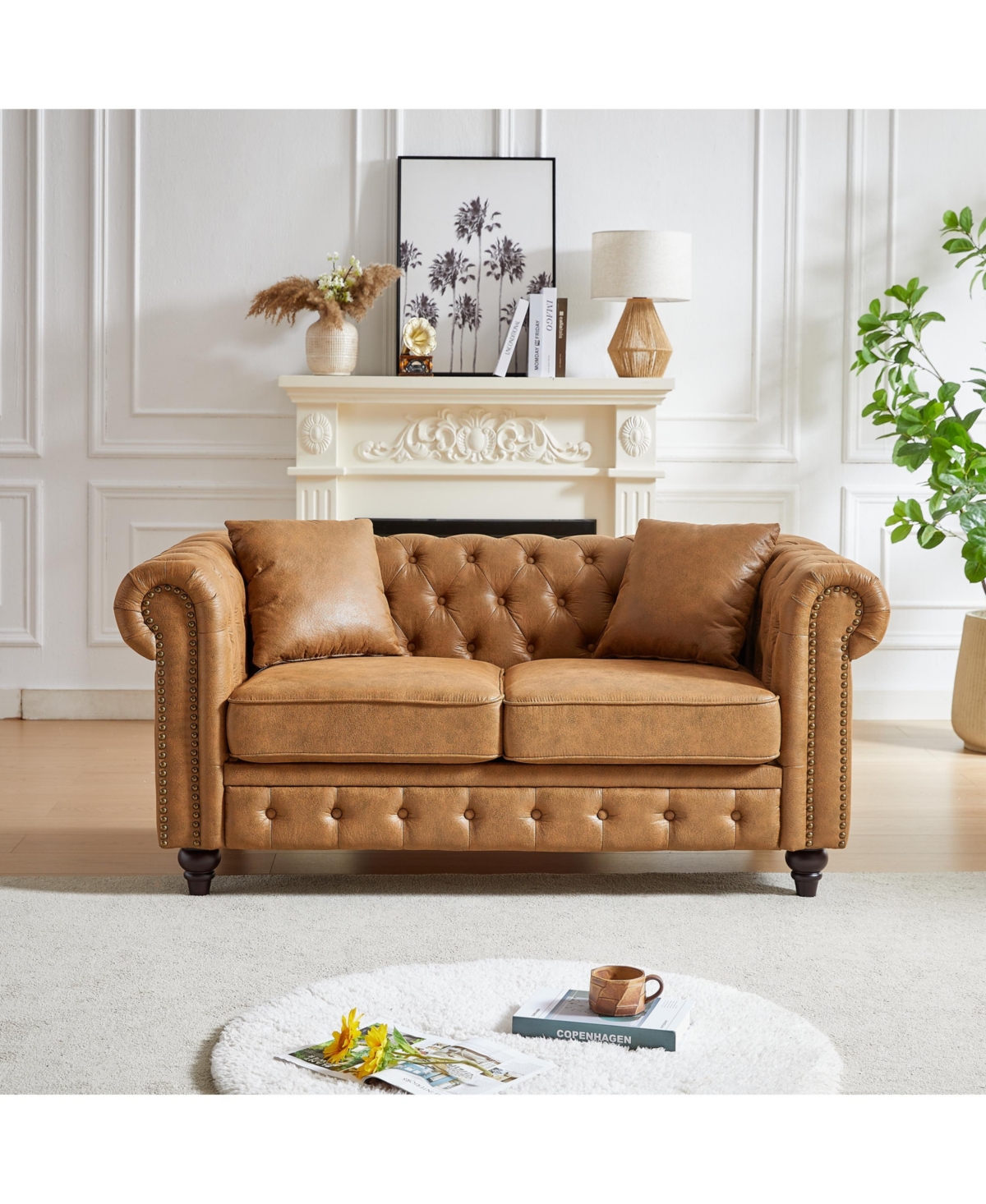 Streamdale Furniture 63.5" Contemporary Design chesterfield sofa, Tech Fabric Button Design Living Room Sectional, Button Tufted with Nail Design Arms