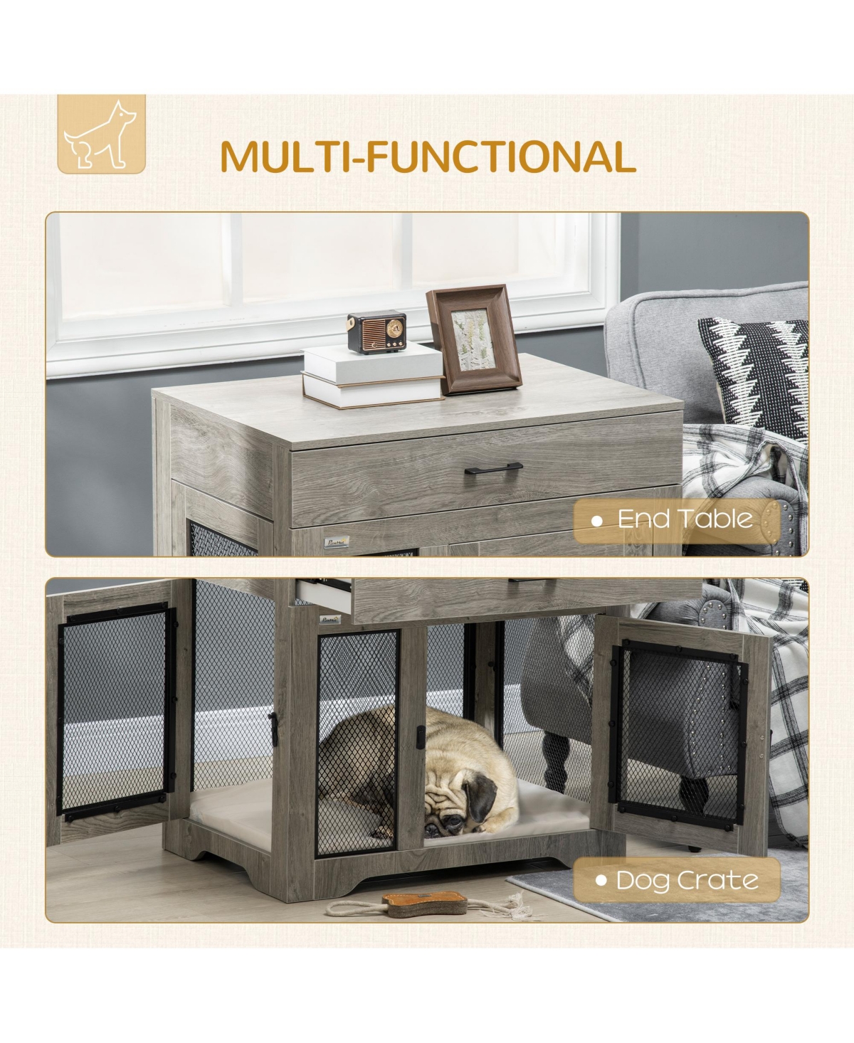 Streamdale Furniture Dog Crate Furniture with Soft Water-Resistant Cushion, Dog Crate End Table with Drawer, Puppy Crate for Small Dogs Indoor with 2