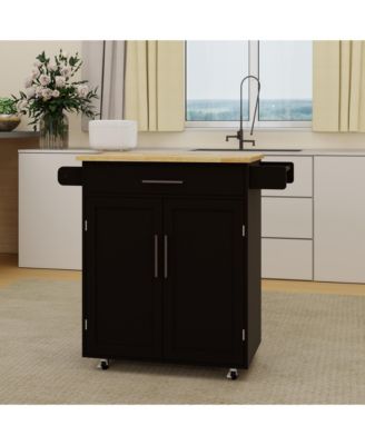28.18" E1 MDF, Rubber Wood Drawer, Doors, Adjustable Shelves, Towel & Seasoning Racks, Locking Casters Rolling Kitchen Cart