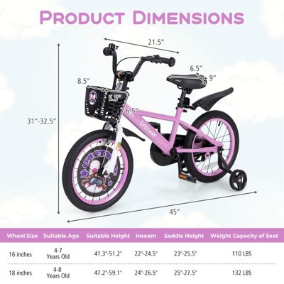 16" Kid s Bike for 4-7 with Height-Adjustable Handlebar & Saddle Handbrake