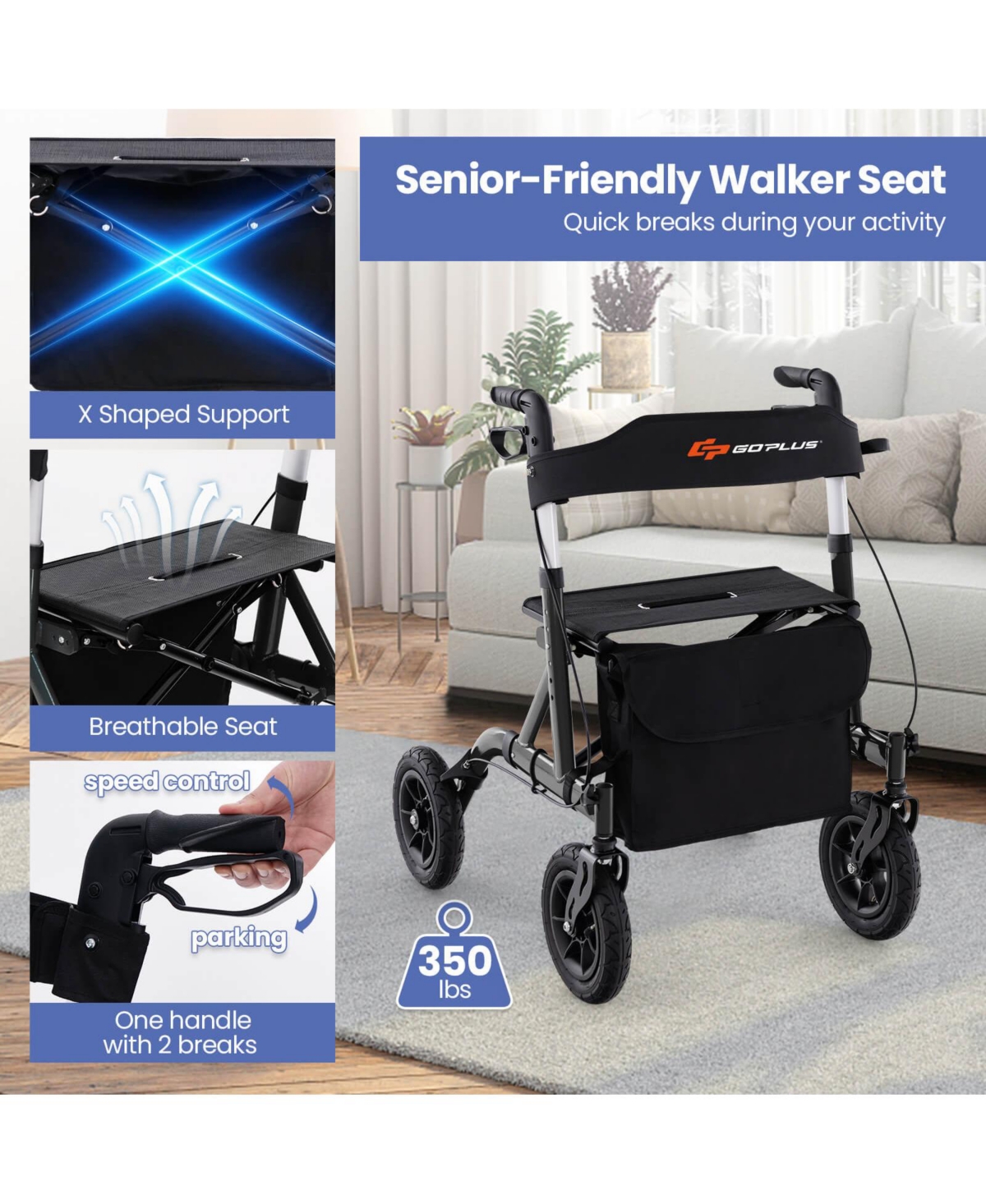 Costway Foldable Height Adjustable Rollator Walker with Seat, Storage Bag for Seniors