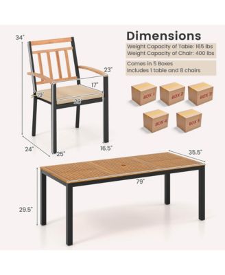 9 PCS Outdoor Dining Table & Chairs Set Table with Acacia Wood Top Umbrella Hole