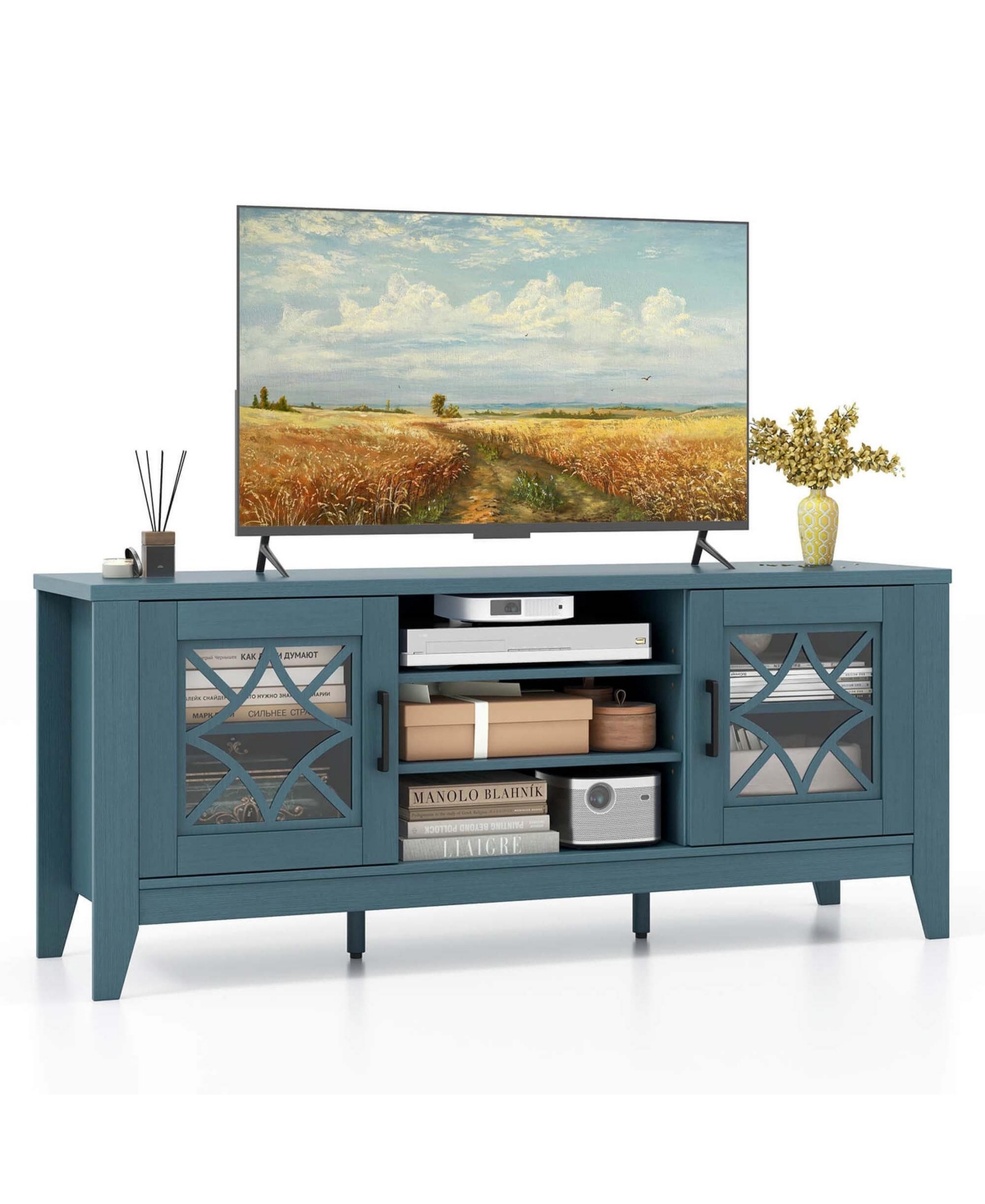 Costway Tv Stand for TVs up to with 3-Position Adjustable Shelves Tempered Glass Doors