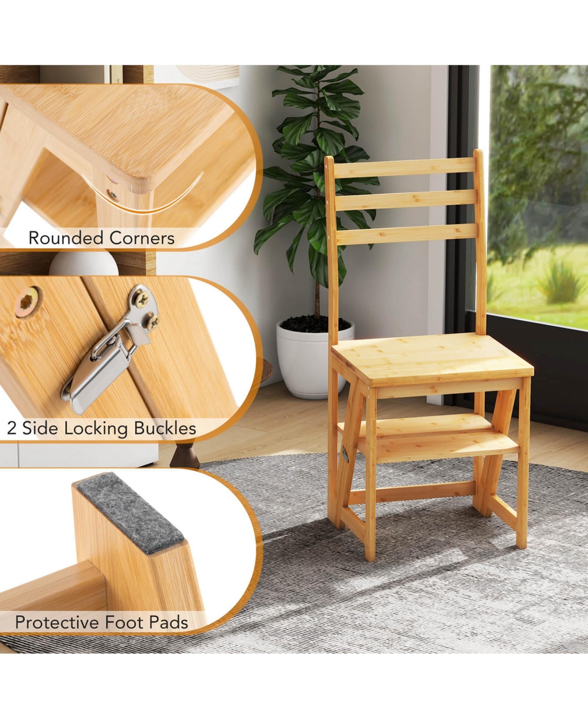 Costway Toddler 3-Step Folding Step Ladder Chair with Bamboo Frame Convertible Ladder Stool Reddish