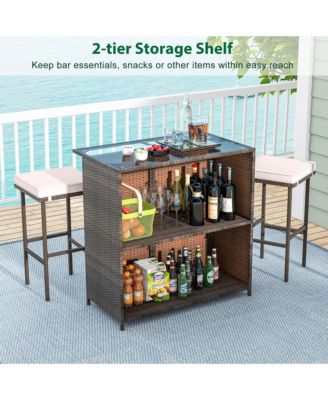 3 PCS Patio Bar Set with Tempered Glass Tabletop 2-Tier Storage Removable Cushions
