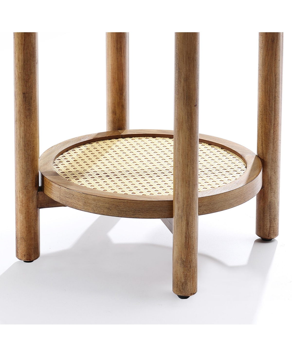 Luxenhome Chestnut Finish Pine And Mdf Wood Accent Round Table With Rattan Shelf In Brown