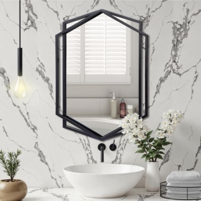 32" Black Metal Hexagon Frame Wall Accent Mirror Wall Mounted Bathroom Vanity Mirror Decor