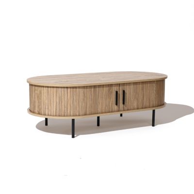 Standard Wood Slatted Sliding Doors Storage Mid-Century Modern Oval Coffee Table