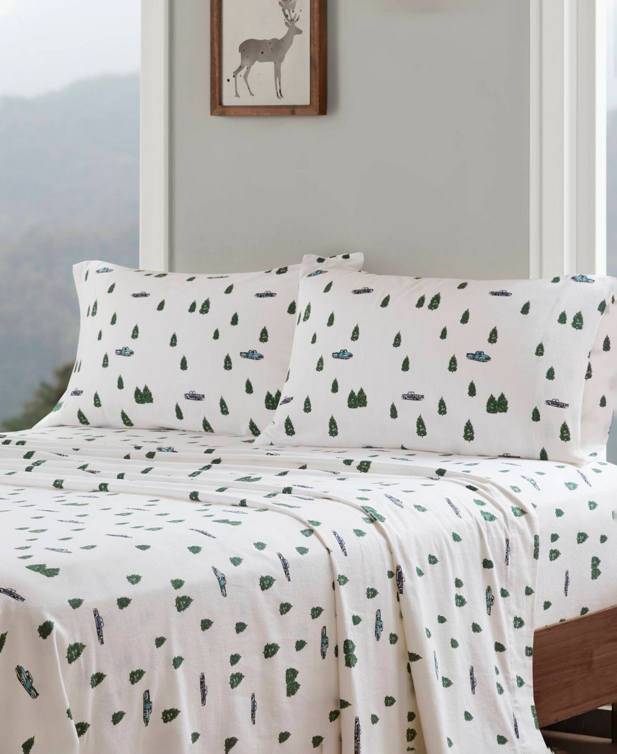 Woolrich Printed Flannel 4-pc. Sheet Set, Full In Green Trees Trucks
