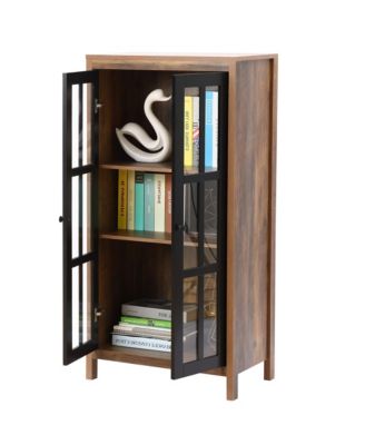 Natural Wood Glass 2-Door Accent Cabinet