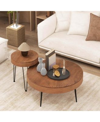 Farmhouse Round CoffeeTable Set of 2 End Table Natural Finish for Living Room Coffee