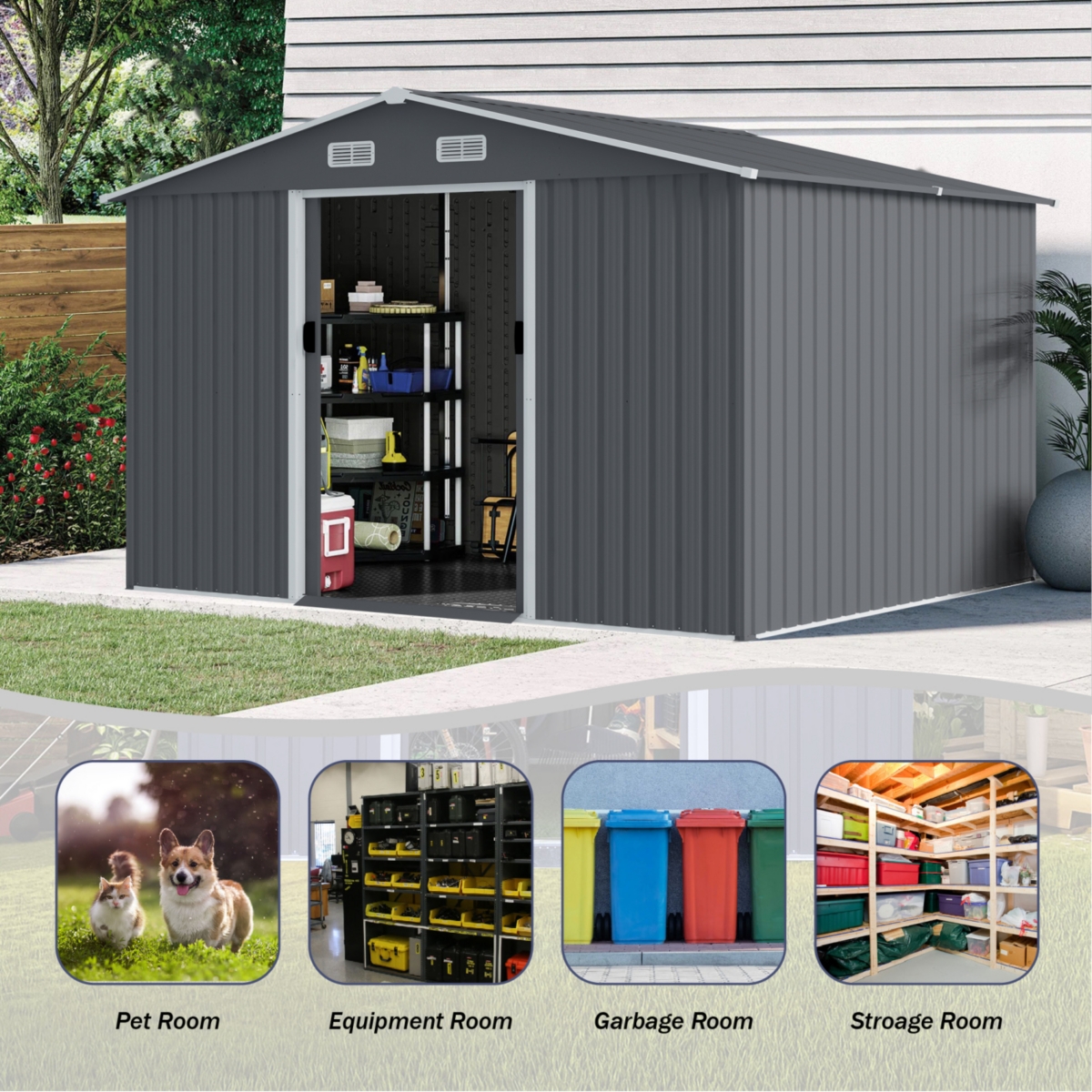 Outdoor Storage Shed 8 x 10 Ft Large Metal Tool Sheds, Heavy Duty Storage House with Sliding Doors with Air Vent for Backyard Patio Lawn to Store Bike