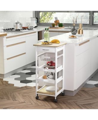Mobile Kitchen Cart, Rolling Kitchen Island with Storage, Solid Wood Frame Utility Cart with Wire Fruit Baskets, Trays and Drawer, White