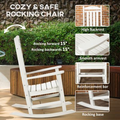 Outdoor Rocking Chair, All Weather-Resistant HDPE Rocking Patio Chairs with Rustic High Back, Armrests, Oversized Seat and Slatted Backrest, 350lbs Weight Capacity, White