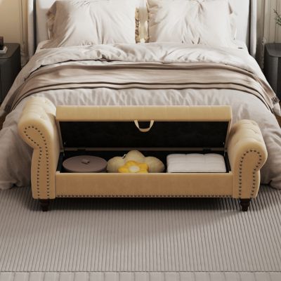 Khaki Velvet Bed Bench with Storage