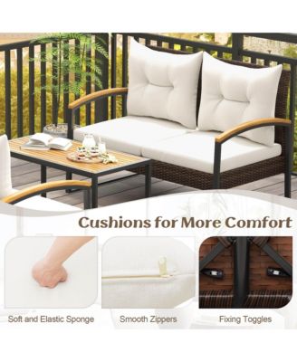 4 PCS Patio Conversation Set with Coffee Table Solid Acacia Wood Armrests Tabletop