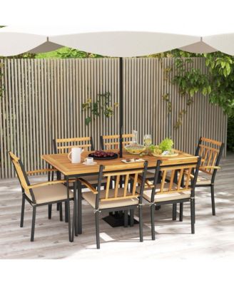 7 PCS Patio Dining Set with Acacia Wood Dining Table Rattan Armchairs Soft Cushions