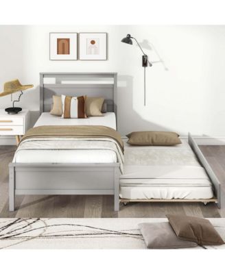 Twin Size Platform Bed with Trundle Pull-out Trundle Headboard & Footboard