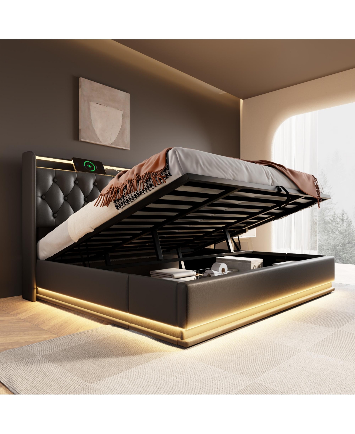 Streamdale Furniture King Upholstered Bed with Led Lighting, Storage, and Usb Charging Ports