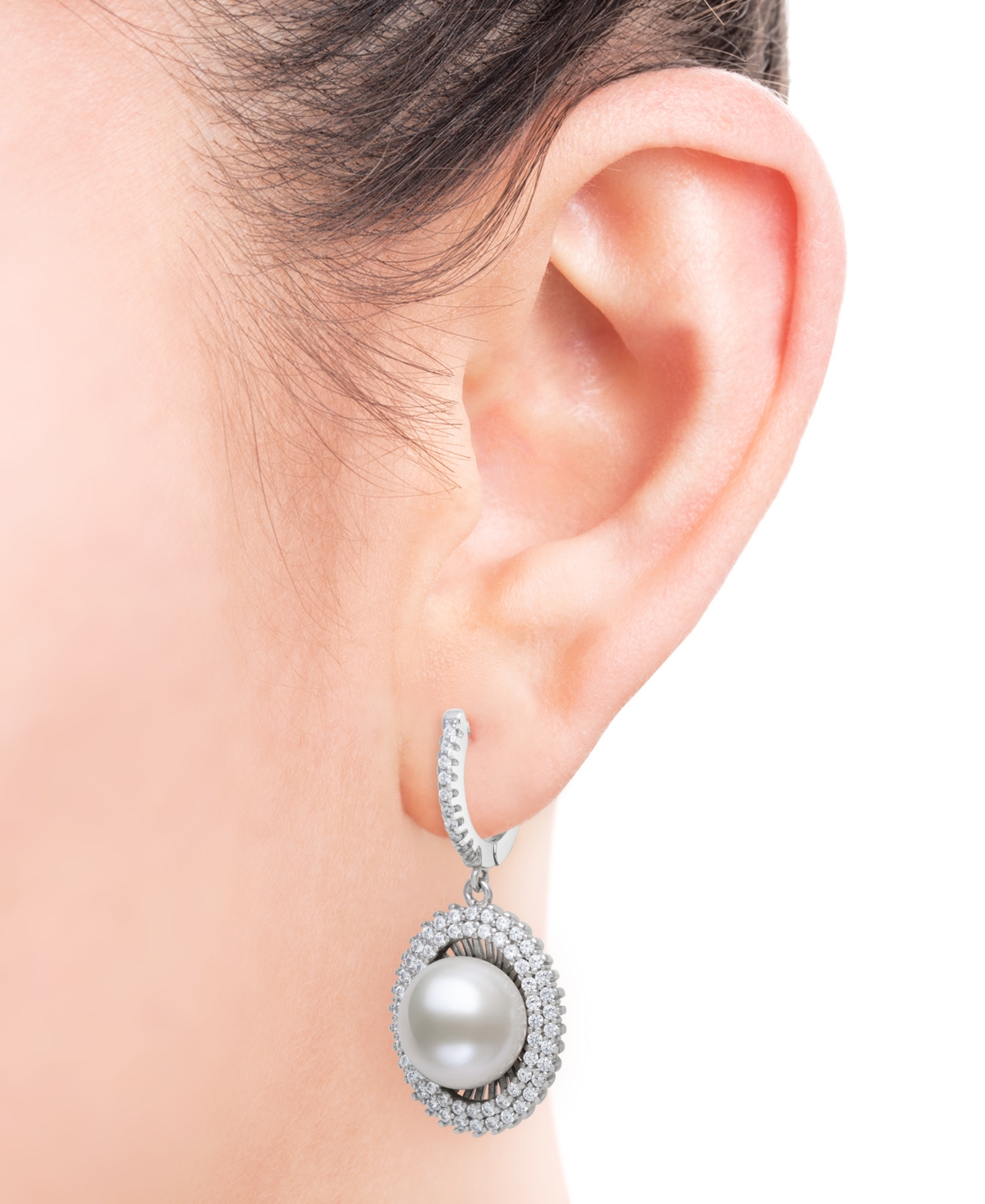 BELLE DE MER PEACOCK BLACK CULTURED FRESHWATER PEARL (10MM) & CUBIC ZIRCONIA HALO DROP EARRINGS IN STERLING SILVE 