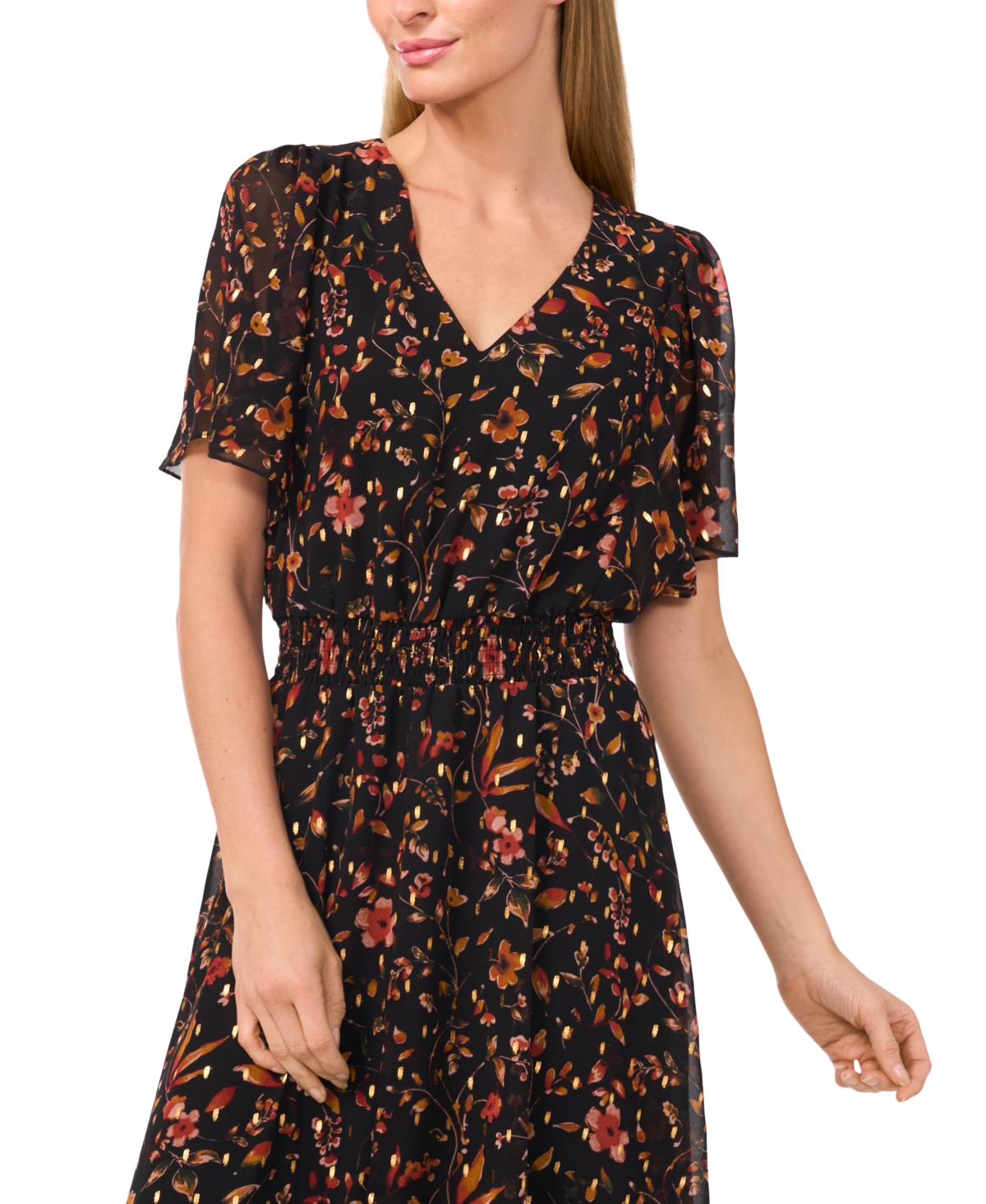 CeCe Women's Floral Metallic-Print Maxi Dress