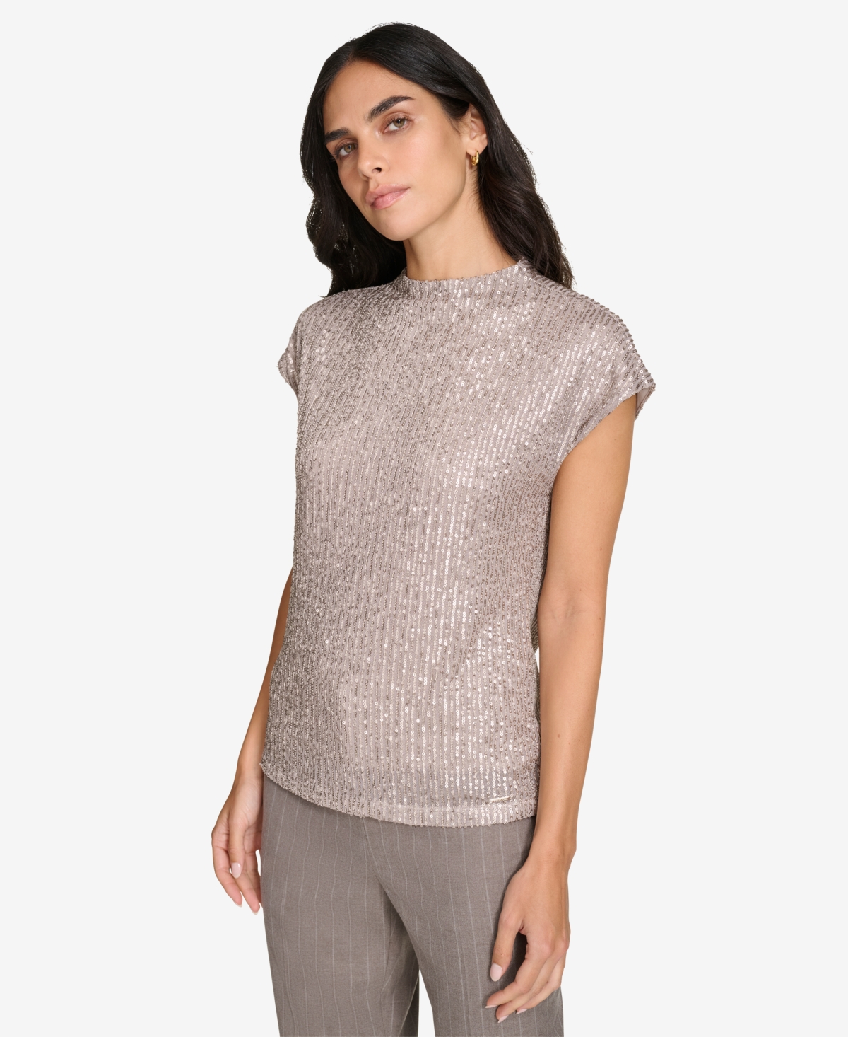 Calvin Klein Women's Sequin Short-Sleeve Top -oyster