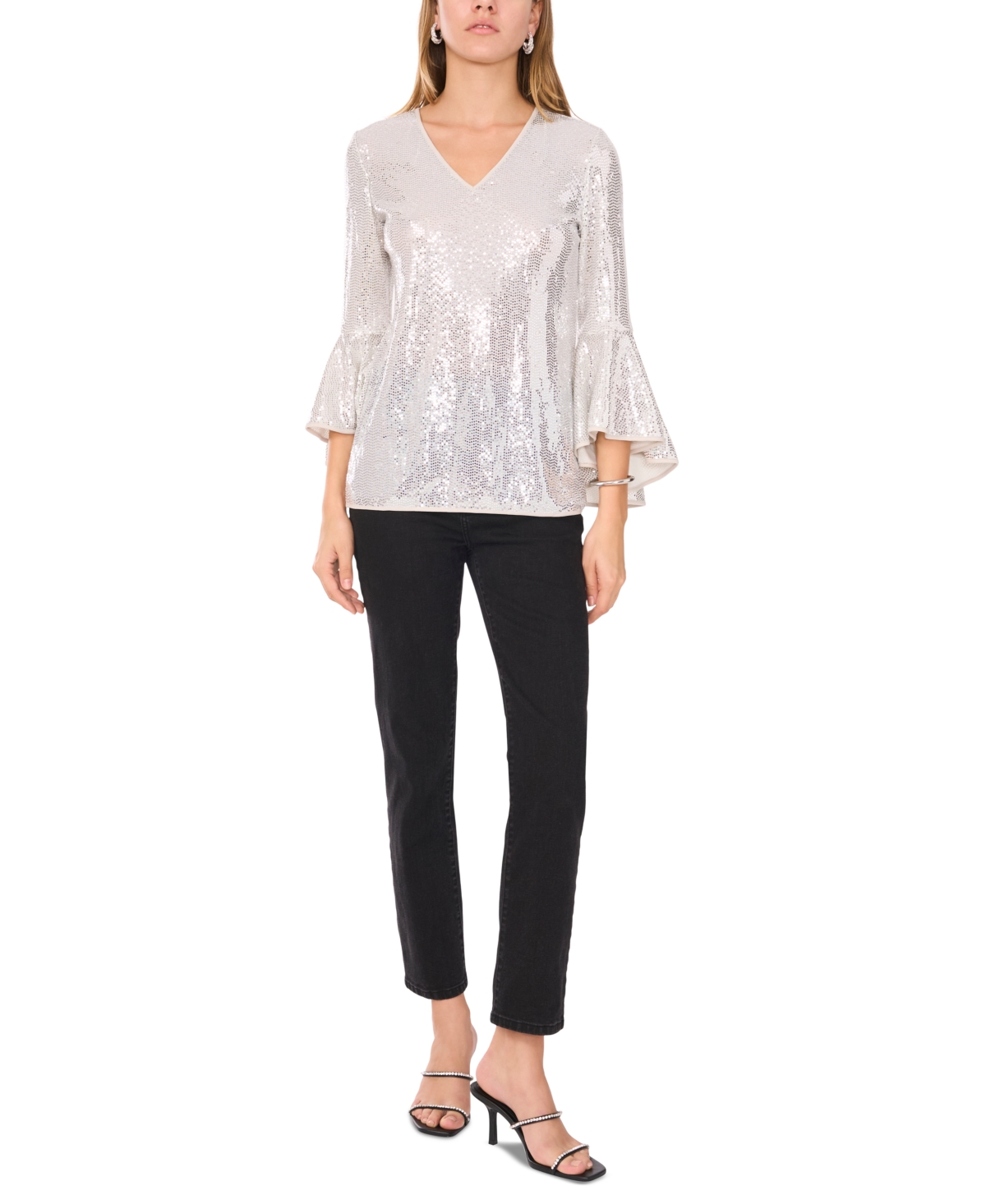 Vince Camuto Womens Sequined Nylon Blouse In Silver