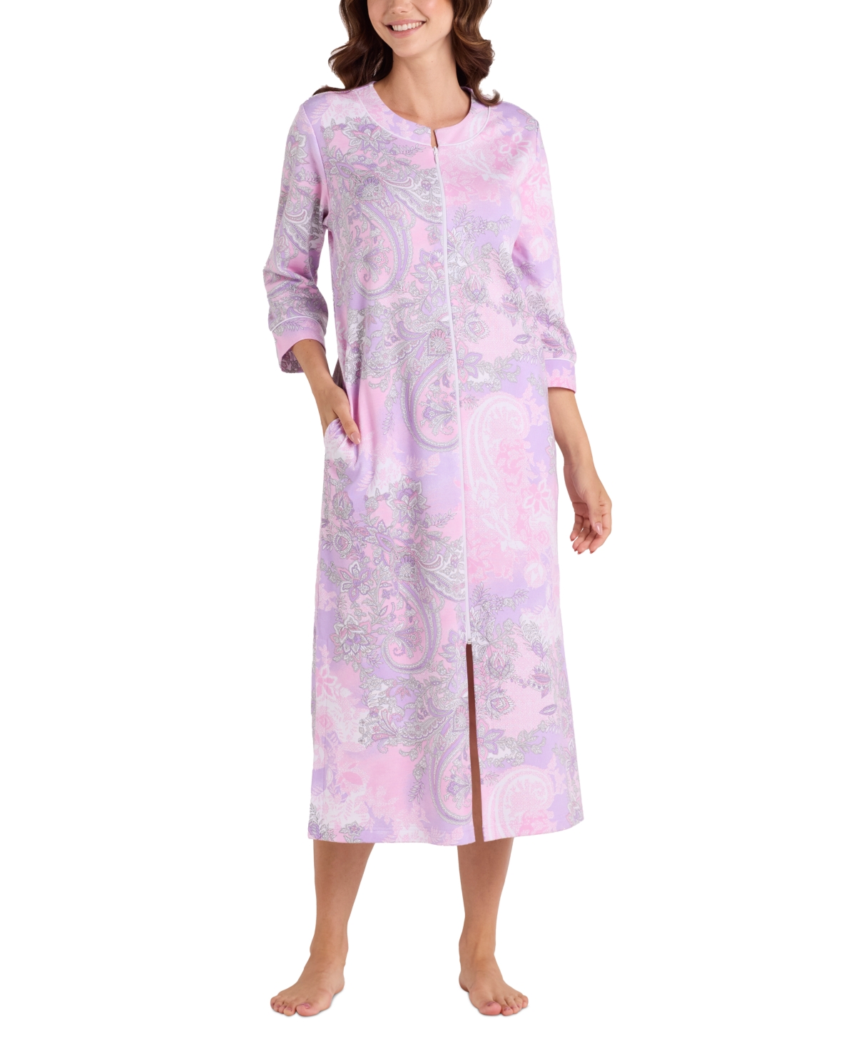 Plus Size Printed 3/4-Sleeve Long Robe - Lrg Pnk/lilac Pais