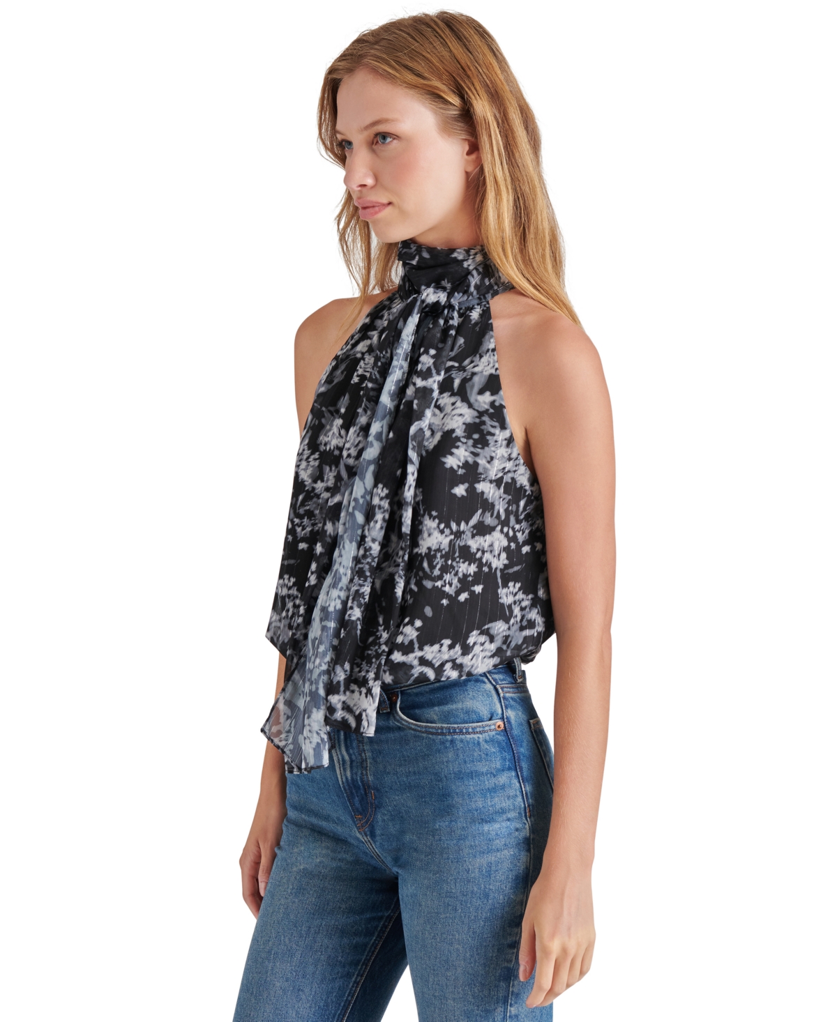 Steve Madden Women's Zandra Printed Tie-Neck Bodysuit -WHT