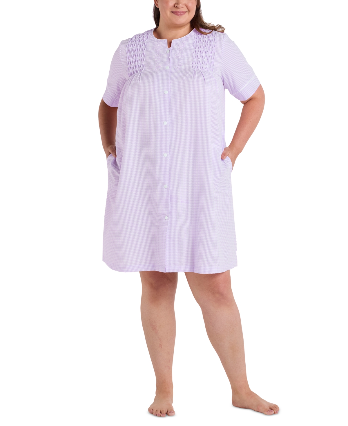Plus Size Short-Sleeve Seersucker Robe - Lilac/white Check
