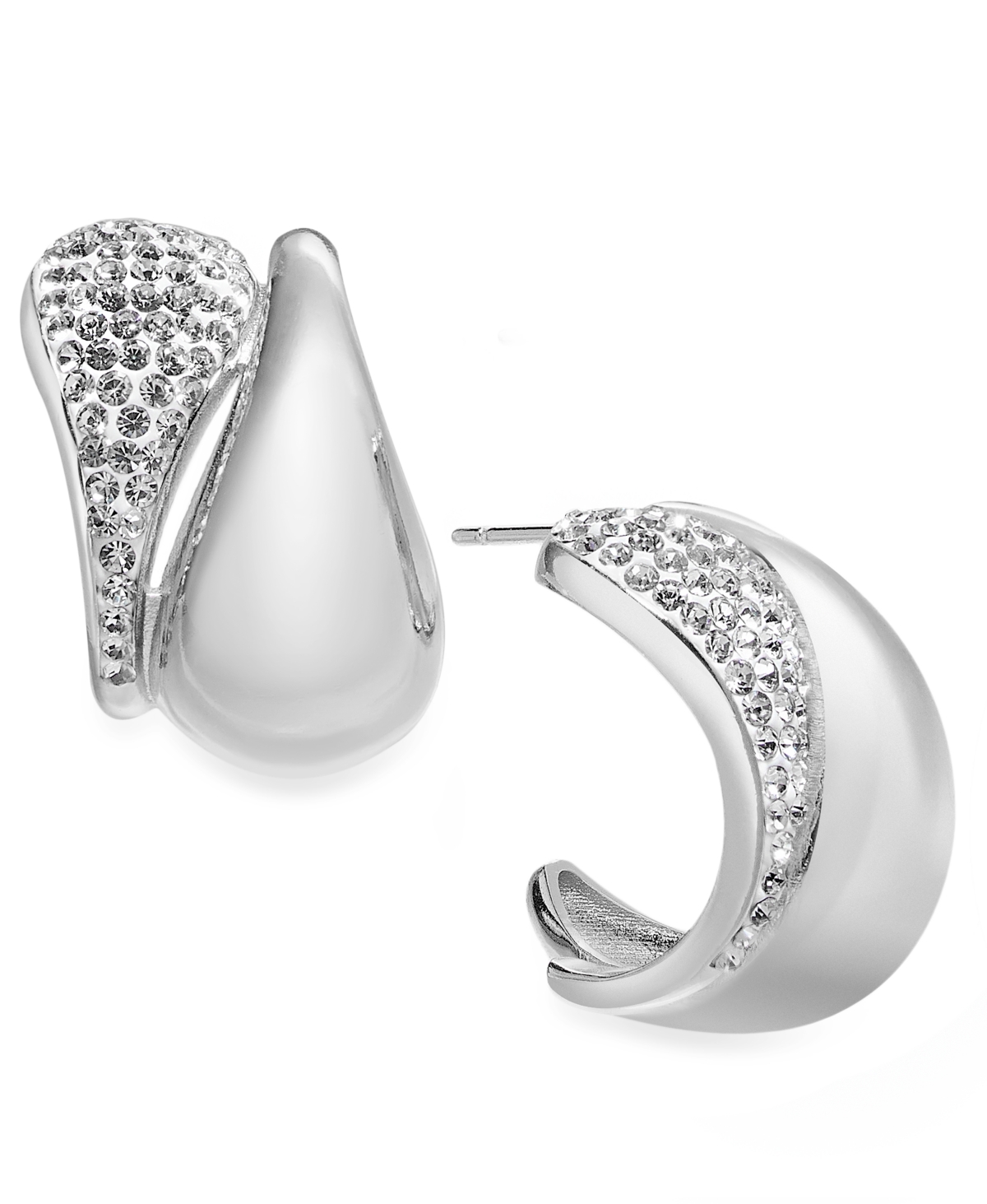 Crystal Double Teardrop C Hoop Earring - Silver