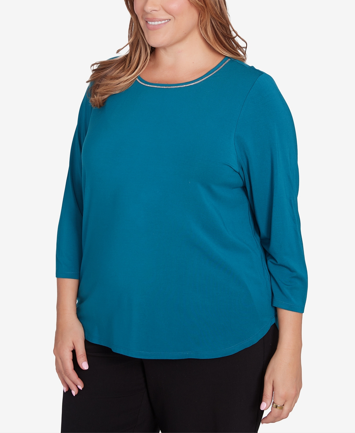 Ruby Rd. Plus Size Micro Bead Chain Stretch Solid Top In Adriatic