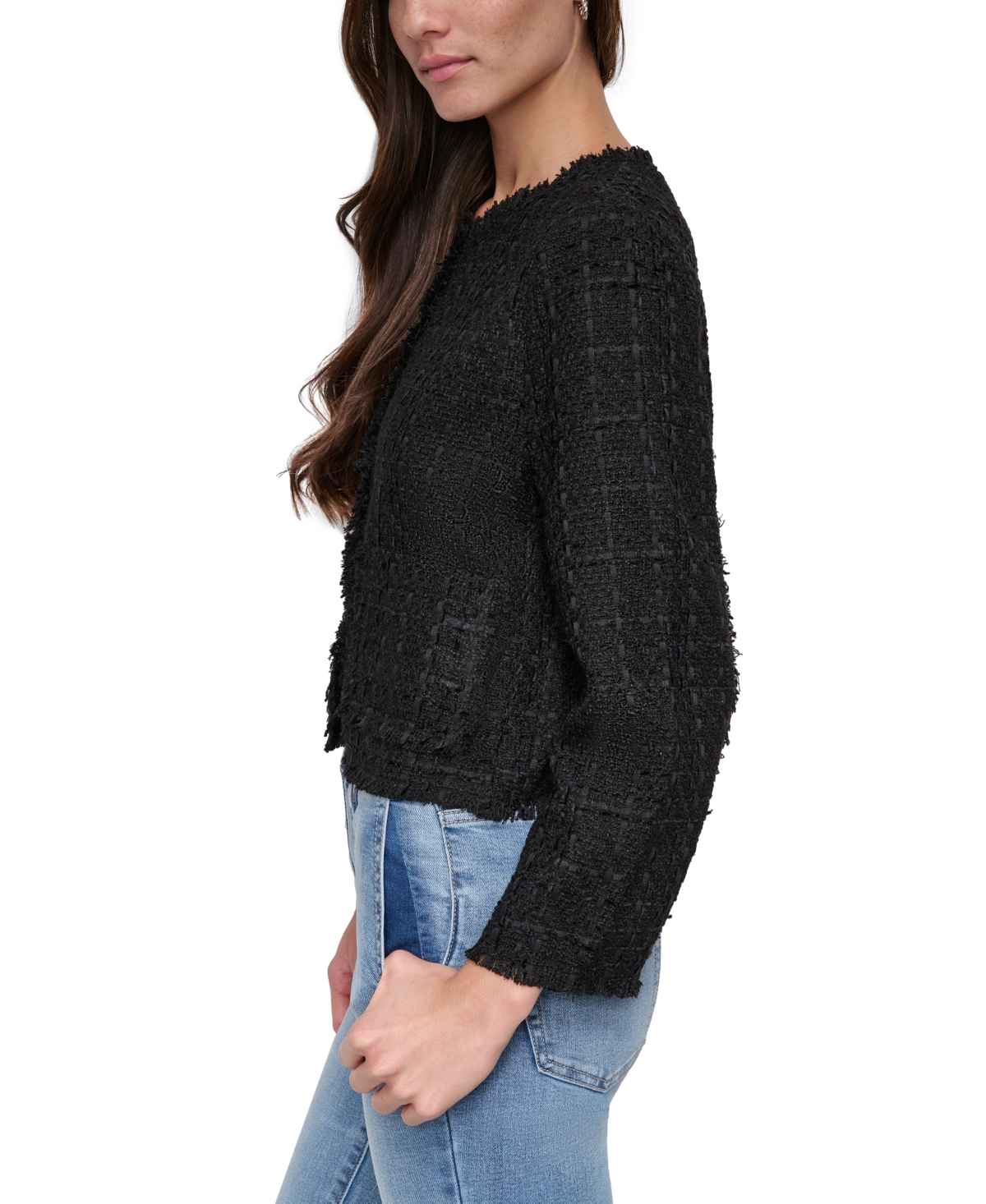 DKNY JEANS WOMEN'S FRAYED CROPPED LONG-SLEEVE JACKET 
