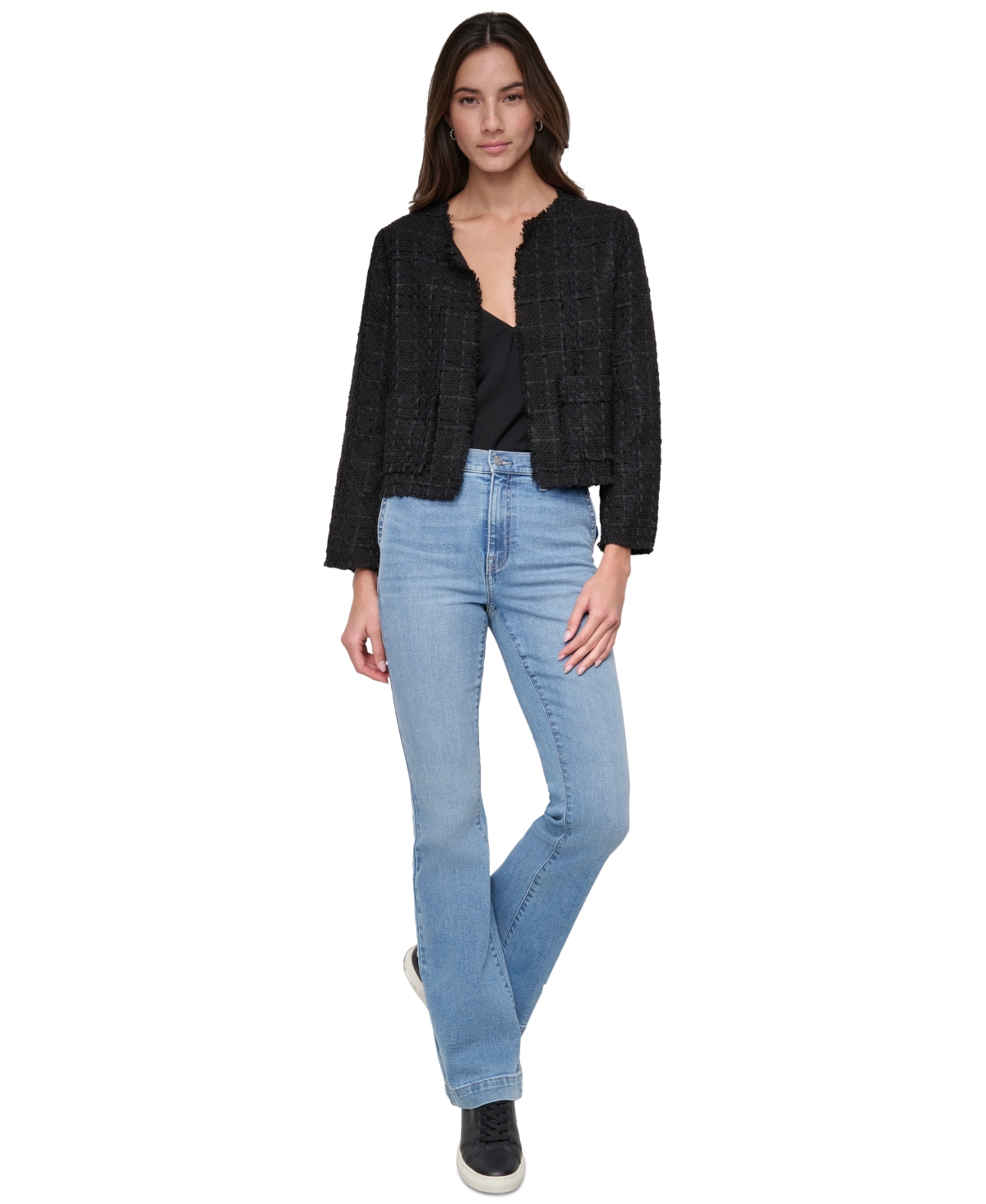 DKNY JEANS WOMEN'S FRAYED CROPPED LONG-SLEEVE JACKET 