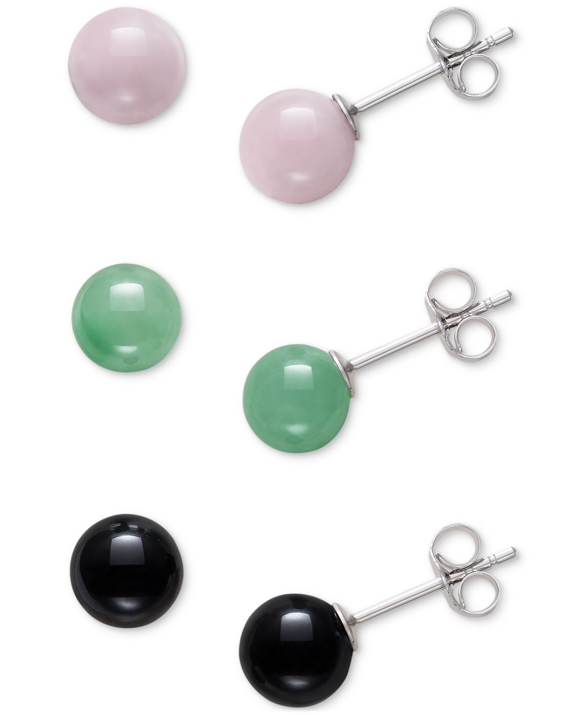 Macy's 3-pc. Set Rose Quartz, Dyed Green Jade, & Onyx Stud Earrings In Sterling Silver In Sterling Silver