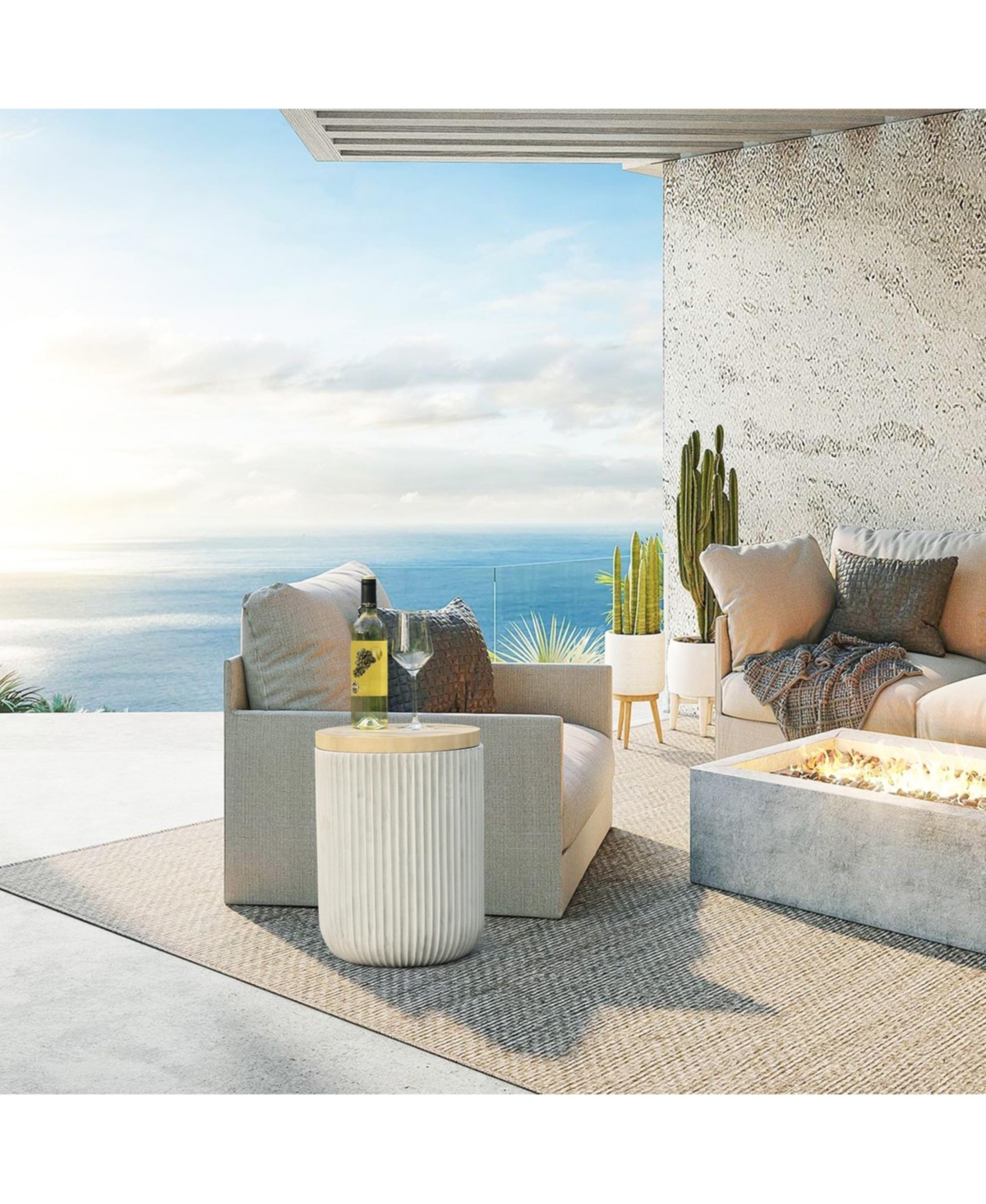 LuxenHomeCement and Faux Wood Top Indoor Outdoor Side and End Table with Storage - Gray, brown