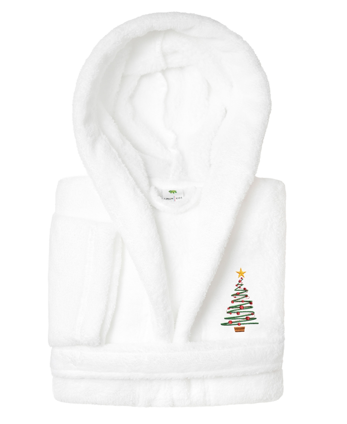 Linum Home Christmas Tree Kids Super Plush Double Brushed Hooded Bathrobe In White