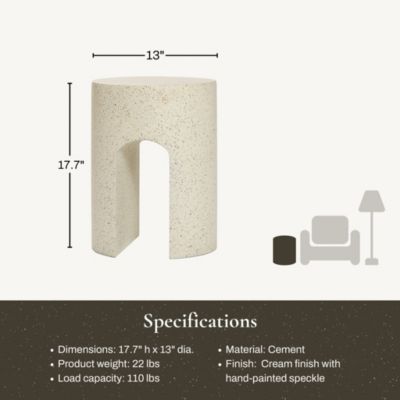 Outdoor Side Table, 17.5'' Mod Cream Cement Small Accent Table, Round with U-Shape End Tables for Garden,Patio,Balcony, Plant Stand
