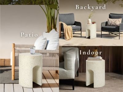 Outdoor Side Table, 17.5'' Mod Cream Cement Small Accent Table, Round with U-Shape End Tables for Garden,Patio,Balcony, Plant Stand