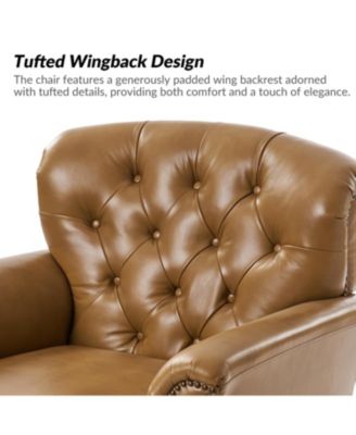Eugene Traditional Genuine Leather Chair with Tufted Wing Back and Solid Wood