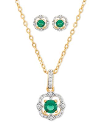 2-Pc. Set Lab Created Emerald (7/8 ct. t.w.) & Lab Created White Sapphire (1/3 ct. t.w.) Vintage Inspired Halo Pendant Necklace & Matching Stud Earrings in 14k Gold-Plated Sterling Silver