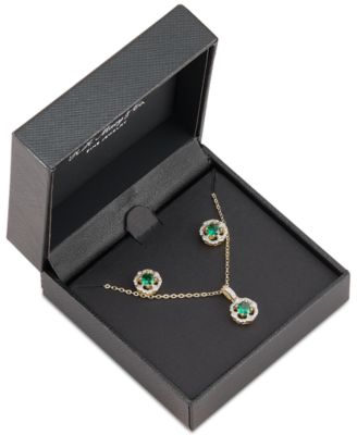 2-Pc. Set Lab Created Emerald (7/8 ct. t.w.) & Lab Created White Sapphire (1/3 ct. t.w.) Vintage Inspired Halo Pendant Necklace & Matching Stud Earrings in 14k Gold-Plated Sterling Silver
