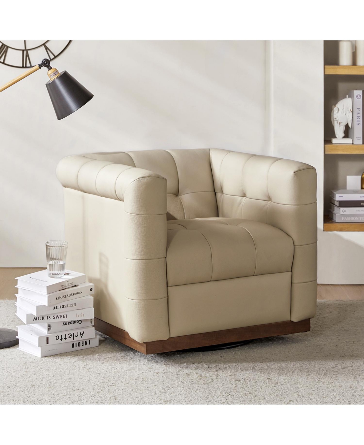 Gabriel Mid-Certury Modern Genuine Leather Swivel Club Chair with