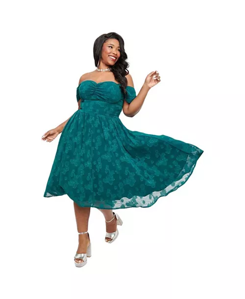 plus size 1950s off shoulder flare dress