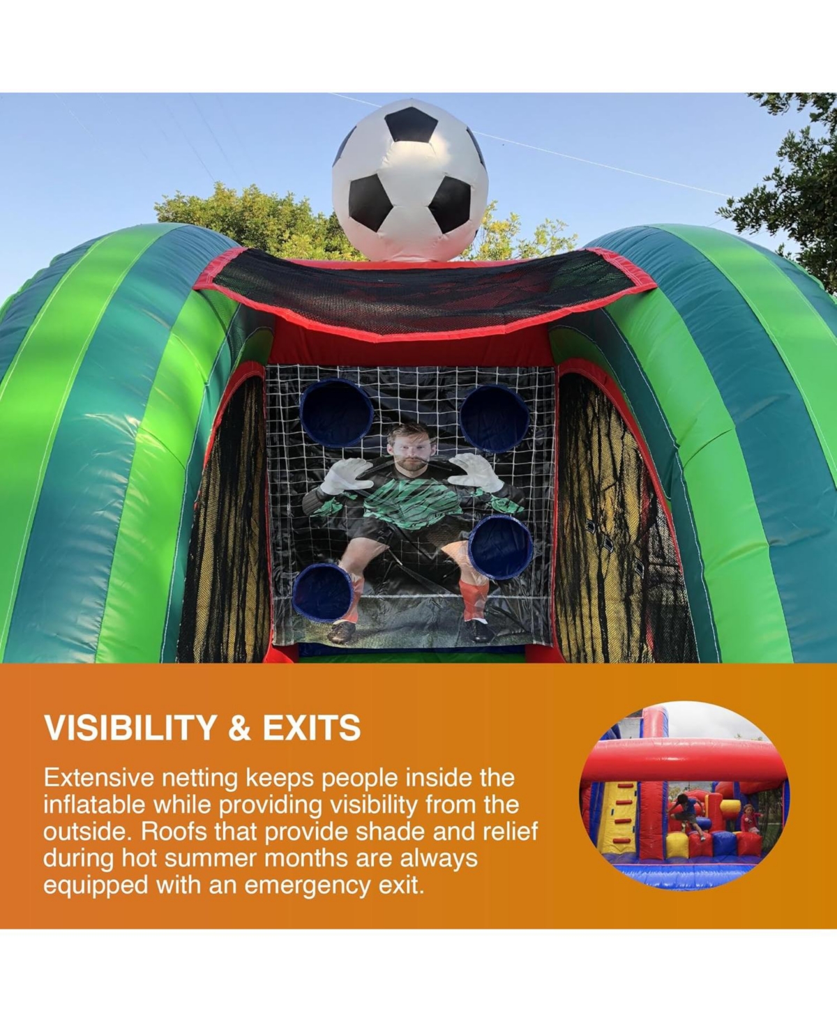 JumpOrange Inflatable Soccer Game (with Blower and Foam Soccer Ball), Kids and Adults, Commercial Grade, Rental Game, Kicking Target Holes, Outdoor In