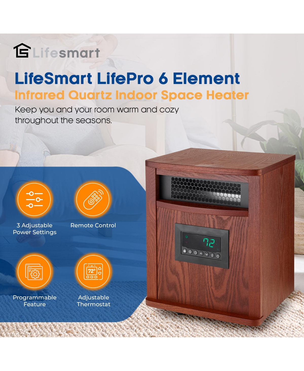 LifeSmart LifePro 6 Element 1500W Infrared Quartz Indoor Space Heater,- Brown